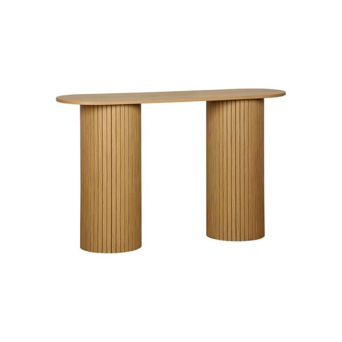 Console ovale scandinave décor bois rainuré. pieds ronds. couleur naturelle. L 120 x P 35 x H 75cm Console ovale scandinave décor bois rainuré. pieds ronds. couleur naturelle. L 120 x P 35 x H 75cm