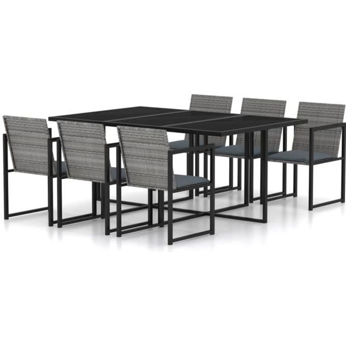 vidaXL Mobilier à dîner de jardin 7pcs et coussins Résine tressée Gris