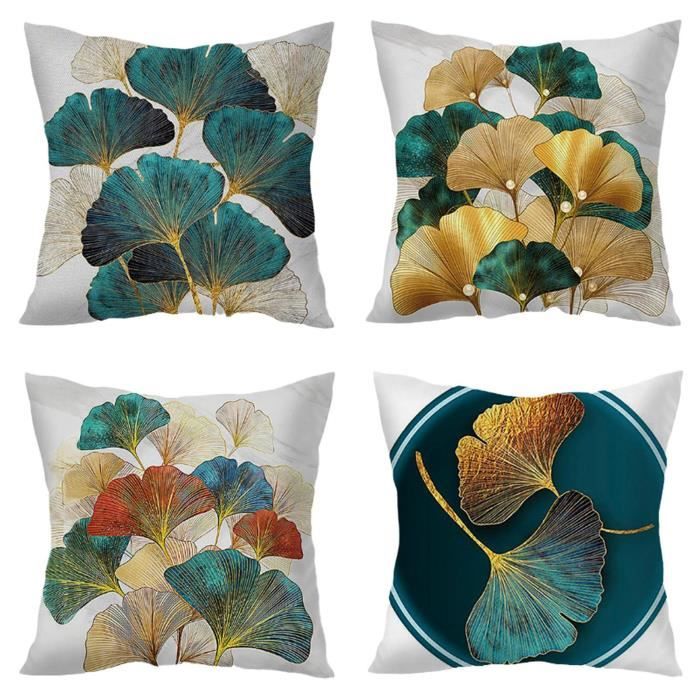 Lot de 4 Housses de coussin 45cm x 45cm avec Motif de feuille Folium Ginkgo vert et doré