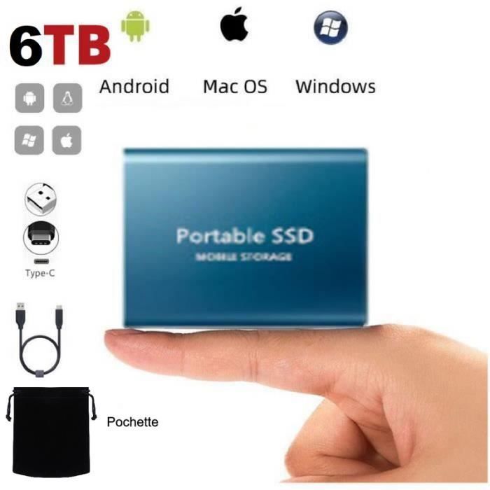 Disque SSD Mini Disque Dur Externe Portable 6TB 6To Bleu Type-C avec  Pochette Sac de Stockage en Tissu Noir - Cdiscount Informatique
