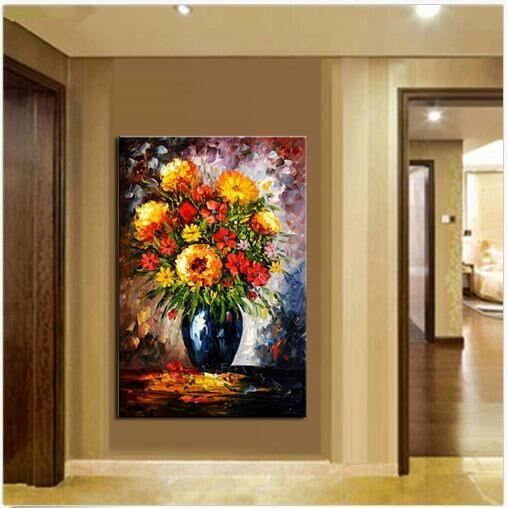 Tableau Abstrait Arbre Fleurs 3D Fokenzary - Peinture Couteau Sur Toile Dorée