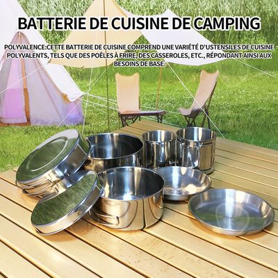 8-PCS Kit de Casseroles Camping, Batterie Cuisine de Camping en Acier Inoxydable Set Ustensiles de Cuisine et Casseroles de Camping pour la Randonnée la Cuisine, Cookware Kit en Alliage d'Alu, Légère