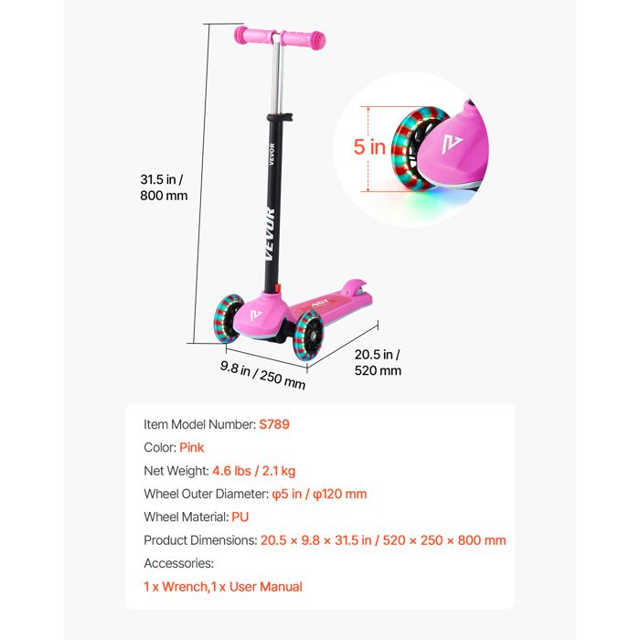 VEVOR Trottinette Enfants 3 Roues – Guidon Réglable 3 Hauteurs, Roues LED 120 Mm, Poids 74 Kg, Cadre Alu, Noir