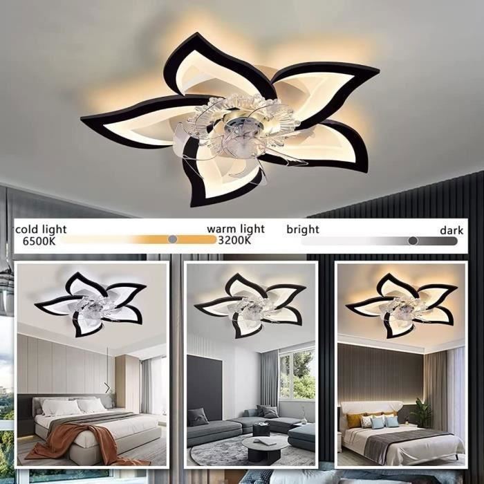 Ventilateur Plafond Avec Lumière LED Moderne – Lustre Silencieux 6 Vitesses, Mémoire, Timer, Réversible, Télécommande + APP – Noir 92 Cm
