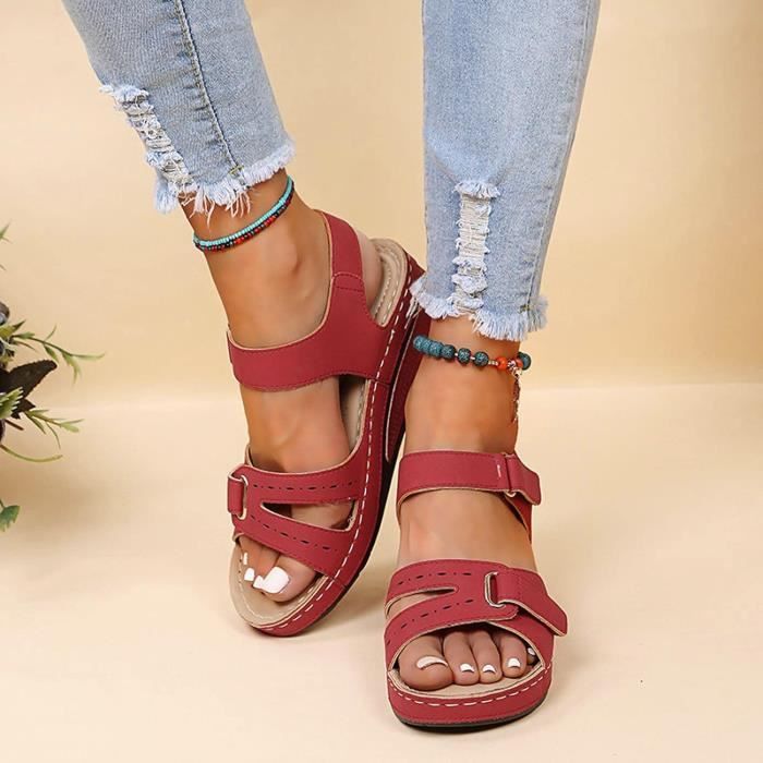 2024 Sandales Femmes ete Sandales De Marche Femme Orthopedique Plateforme Chaussures Antiderapantes Boheme Bout Ouvert Sandale Rouge Rouge Cdiscount Chaussures