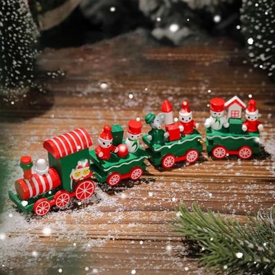 Train De Noël En Bois Décoratif - Locomotive Avec Père Noël, Bonhommes De Neige, Cadeaux - Rouge