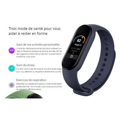 XIAOMI Mi Smart Band 5 Noir Tracker D'activité Sport, Suivi Santé, 11 Modes D'Exercices, 14 Jours D'autonomie, Version Française