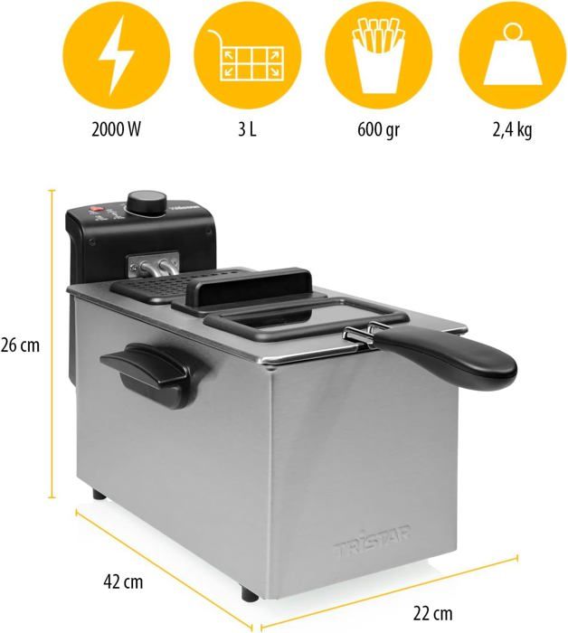 Tristar Friggitrice, 3L Capacità, 2000W, Tecnologia Cool Zone, Acciaio Inossidab
