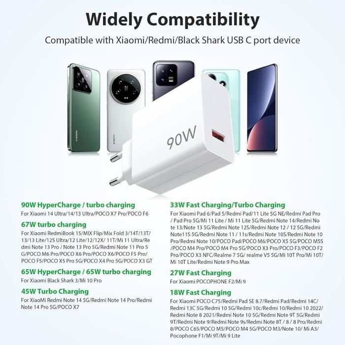 90W Chargeur Rapide Pour Redmi Note 14 13 12 11 Pro 14C,Chargeur Turbo Hypercharge Avec 6A Cble USB C 2M Pour Xi CHARGEUR TELEPHONE - Téléphonie