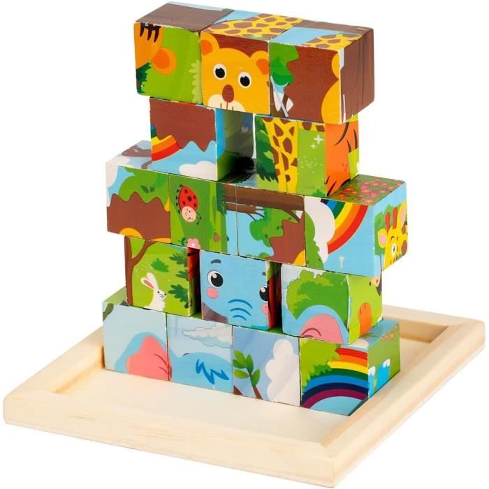 CUBICS – Puzzle Montessori 6-en-1 en Bois Naturel sans Plastique – 36 Cubes – 6 Puzzles Éducatifs Lettres, Chiffres et Animaux – Jouet Enfant dès 3 Ans – Idée Cadeau Noël ou Anniversaire