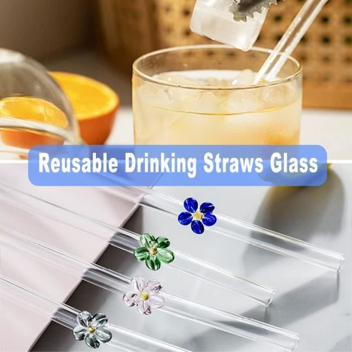 Pailles En Verre Réutilisables Lot De 8 - Motifs Fruits - Courbées - Avec 2 Brosses De Nettoyage