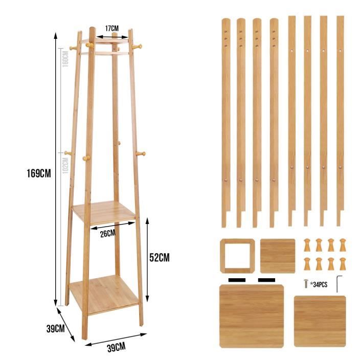 Porte-Manteau Sur Pieds En Bambou UNHO - Vestiaire D'Entrée Polyvalent 3 En 1 Avec Patères, Tringles Et Étagères - Charge Max 35kg