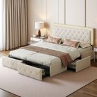 DREAMMESPACE Lit 160x200 cm Rembourré PU, Lit Double Adulte avec 4 Tirois, Tête de LIT LED et Sommier à lattes, Blanc