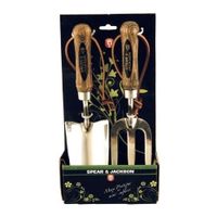 Set de 2 mini outils à fleurs inox manche bois - Spear & Jackson - Transplantoir et fourche