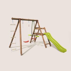 BALANÇOIRE - PORTIQUE Balançoire en bois traité 3 agrès et toboggan Mûri