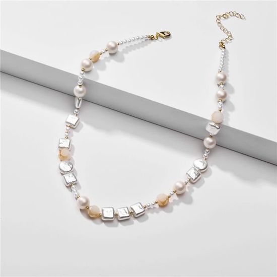 Collier femme Perle collier de perles blanches Collier de perles asymétrique Bijoux Colliers Colliers de perles Collier demi-perle et demi-chaîne 