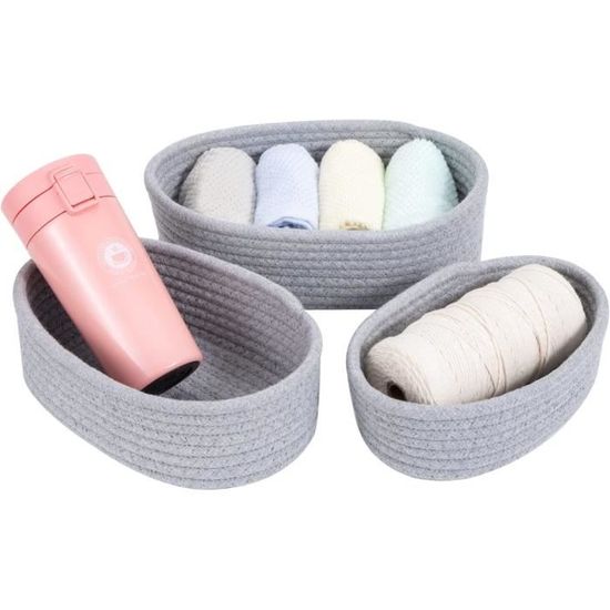 Panier De Rangement En Corde De Coton - Petit Format Rond - Avec Pompons Bleus - Pour Jouets, Maquillage, Clés