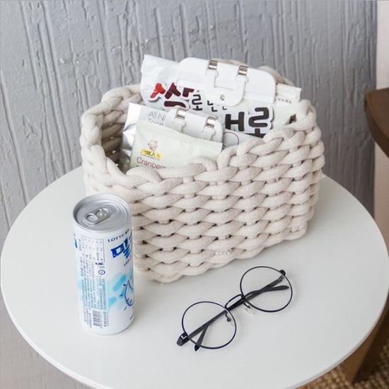 Panier De Rangement En Corde De Coton Avec Pompons - Taille Moyenne, élégant Et Pratique - Pour Bureau, Salon