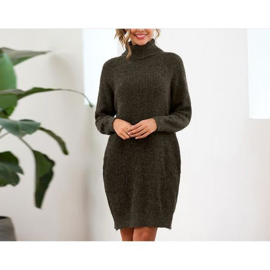 JFAN Robe Femme Hiver Knitted Dress à Col Roulé Grande Taille à Manches