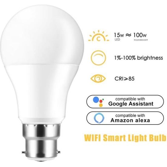 Ampoule Connectée LED B22 WiFi Intelligente Smart Bulb Compatible Avec Alexa Google Home IFTTT, Blanc froid Ampoule 