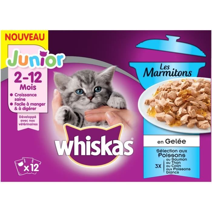 WHISKAS Les Marmitons Junior - Sachets fraîcheur aux poissons en gelée - 4 variétés - Pour chaton - 12 x 85 g