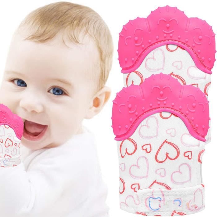 Gant de Dentition pour Bébé,Mitaines de Dentition pour Bébés,Moufle Jouet,Âge 3–12 Mois Protéger Bébé(Joli Cœur Doux,Rose)2PCS