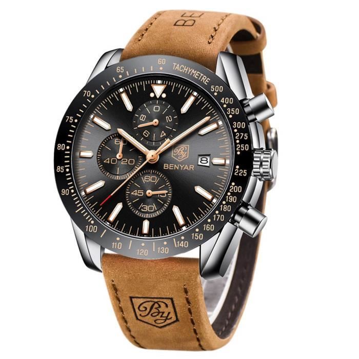 BY BENYAR - Montre chronographe pour Homme | Mouvement à Quartz | Montre de Sport d'affaires de Mode | 30M étanche et Anti-Rayure