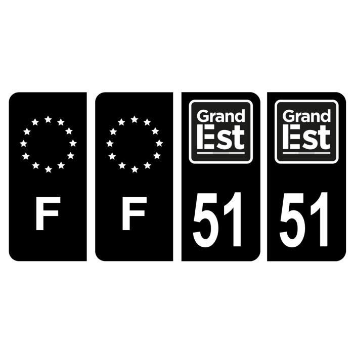 Lot 4 Autocollants plaque immatriculation voiture auto département 51 Marne Logo Région Grand Est Noir & F France Europe