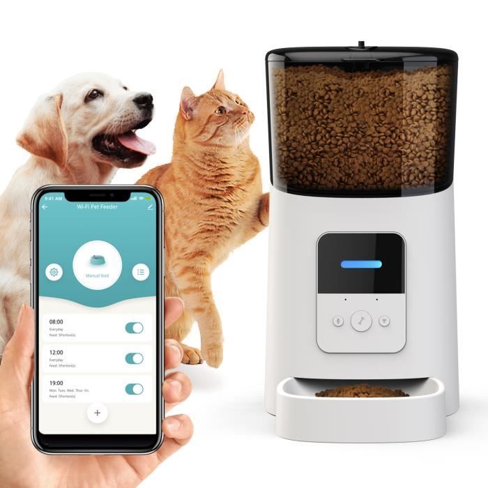 Distributeur Croquettes Automatique chat et Petit Chien 6 L Nourriture d'aliments secs Intelligent WiFi 2.4G et contrôle APP Blanc
