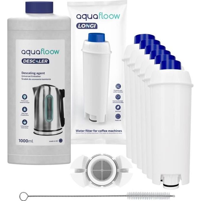 AquaFloow Détartrant Liquide Machine à Café 1000ml + nettoyant + 6 Filtres pour cafetiere Delonghi Magnifica ECAM ESAM ETAM BCO EC