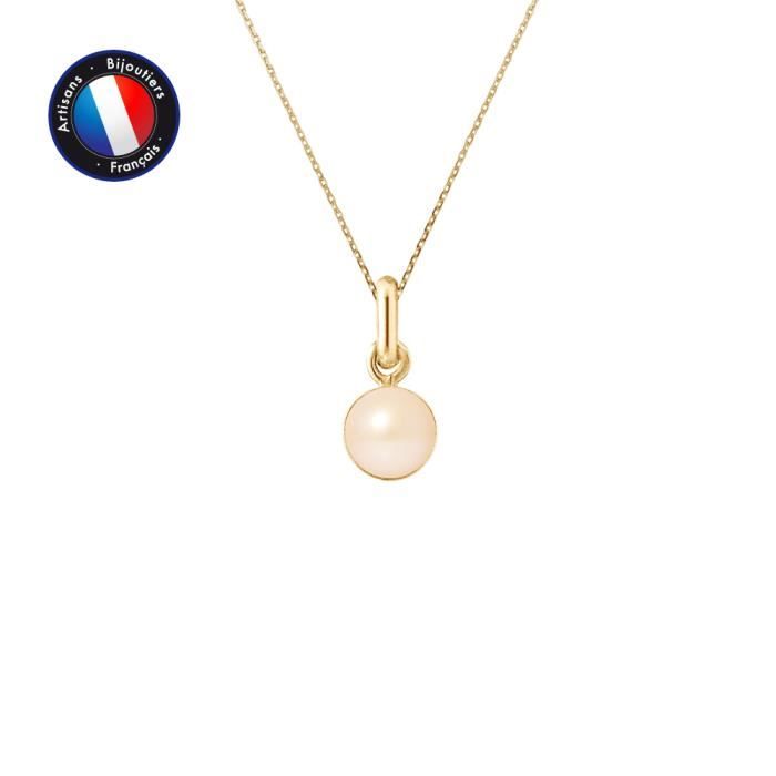 PERLINEA - Pendentif - Véritable Perle de Culture d'Eau Douce Bouton 6-7 mm Rose - Or Jaune - Chaîne Offerte - Bijoux Femme