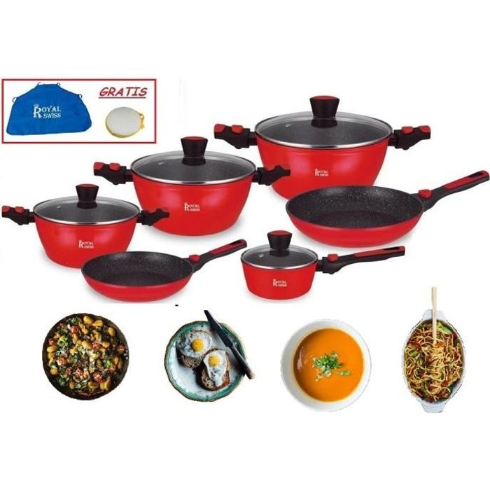 Set Batterie de cuisine 12 pcs - Set de Casserole Fonte d'aluminium - Revêtement pierre - induction - Poignée amovible