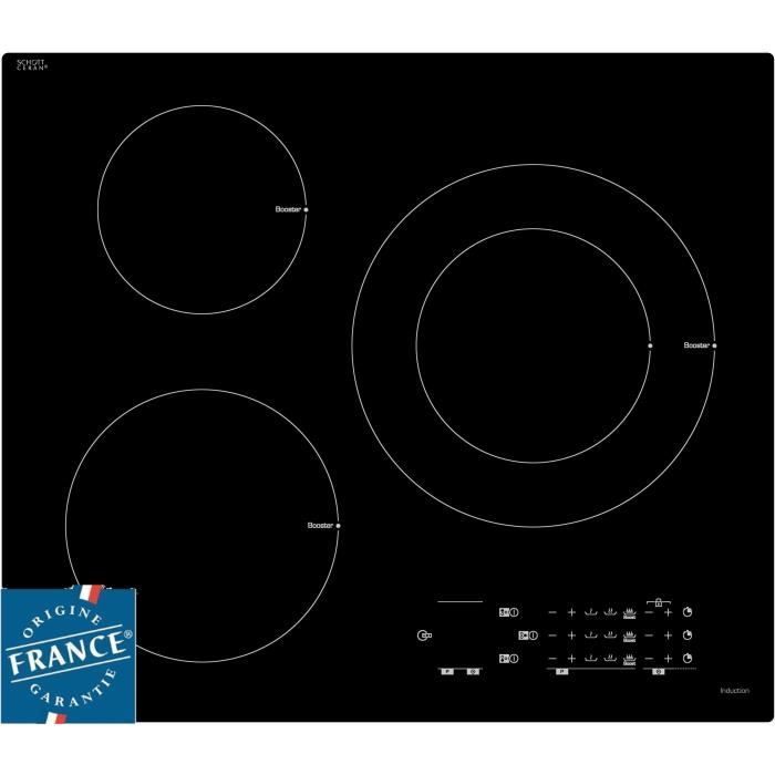 Table de cuisson induction SAUTER - 3 zones - L60 x P52cm - 7200 W - Revêtement verre - Noir - SPI43