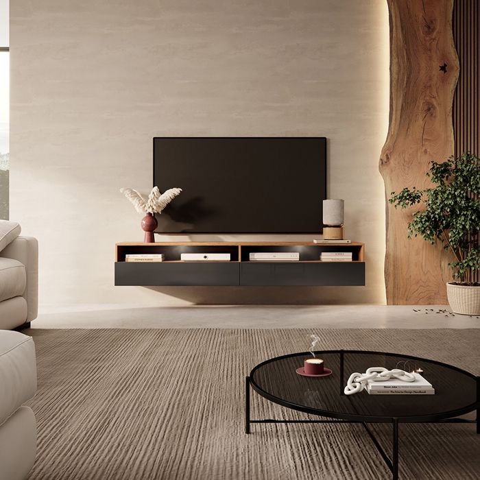 Meuble TV - REDNAW - 180 cm - chêne wotan / noir brillant - 2 niches ouvertes - style moderne - avec LED