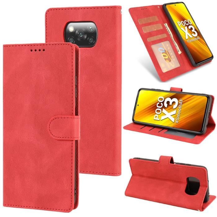 Étui Xiaomi POCO X3 Pro, Portefeuille à Rabat Porte-Cartes en Cuir Housse Protection Simple Ultra-fin Support, Rouge