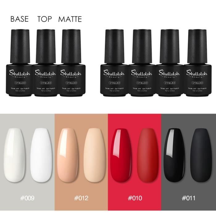 Shelloloh Vernis Semi Permanent Kit 4 Couleurs Base Coat Top Coat Coat Mat LED/UV Gel Soak Off Couleurs Gel Kit Manucure