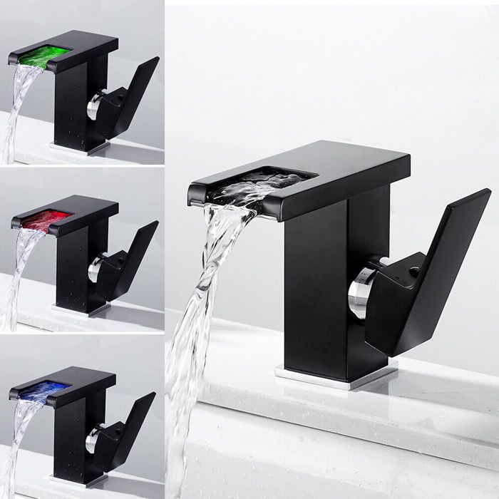 Robinet de Salle de Bain Lumière LED Robinet dÉvier en Laiton Chromé Robinet à Levier Unique avec RVB 3 Couleurs Variable Noir