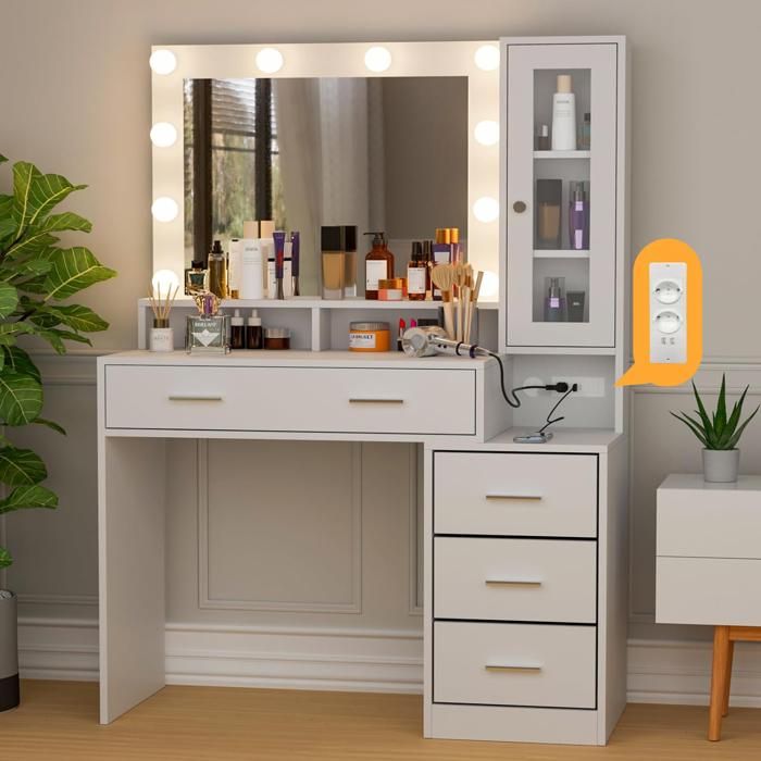 Coiffeuse Miroir et LED-HOMDOX-Coiffeuse avec Station de Charge 10 Ampoules LED à Luminosité Réglable 4