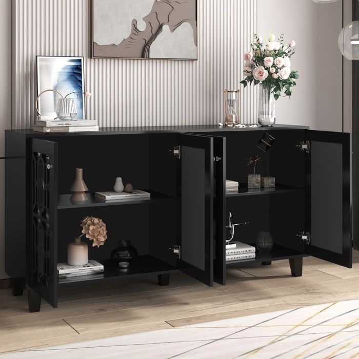 Buffet à miroir avec poignées en cristal froid quatre portes avec stratifié mobile noir