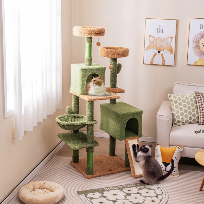 Comparer les prix de COSTWAY Arbre à Chat Cactus 160 cm à Multi-Niveaux, Poteaux à Gratter, 2 Condos, Perchoirs Rembourrés, Jouets Suspendus, Panier
