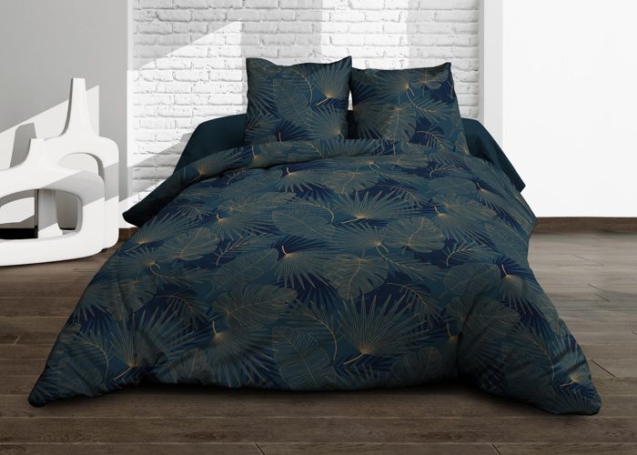 Parure Drap plat + drap-housse 160x200 + 2 T - Pur coton 57 fils - Olinda bleu Parure Drap plat + drap-housse 160x200 + 2 T - Pur coton 57 fils - Olinda bleu