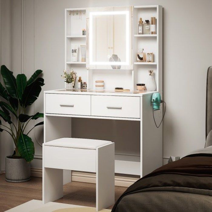 Coiffeuse avec Miroir LED et Tabouret Table de Maquillage - 2 Tiroirs 9 étagères - Blanc Coiffeuse avec Miroir LED et Tabouret Table de Maquillage - 2 Tiroirs 9 étagères - Blanc