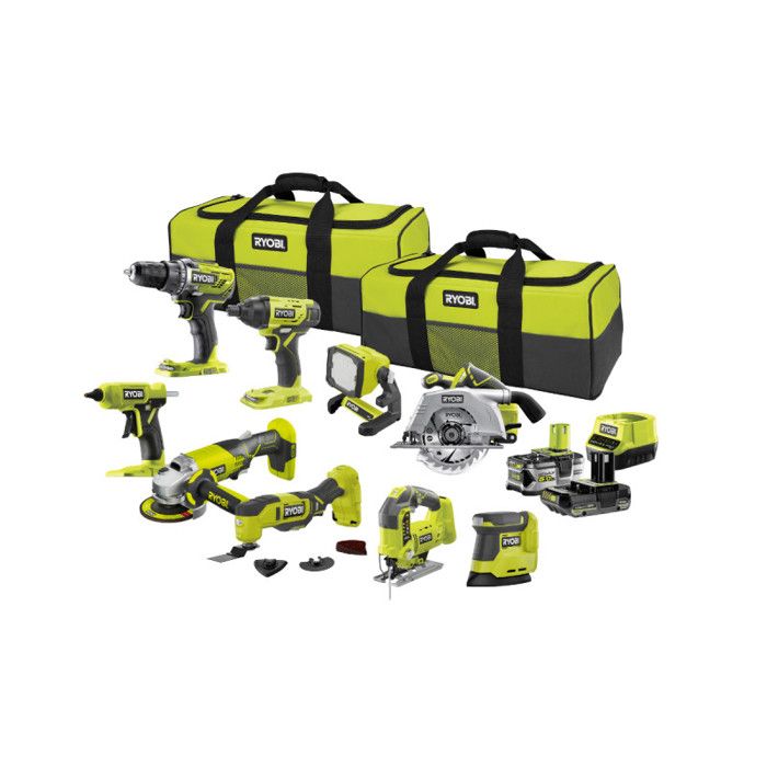 Pack RYOBI Combo 9 Outils 2 Batteries Chargeur R18CK9 252SL Perceuse Scie Meuleuse