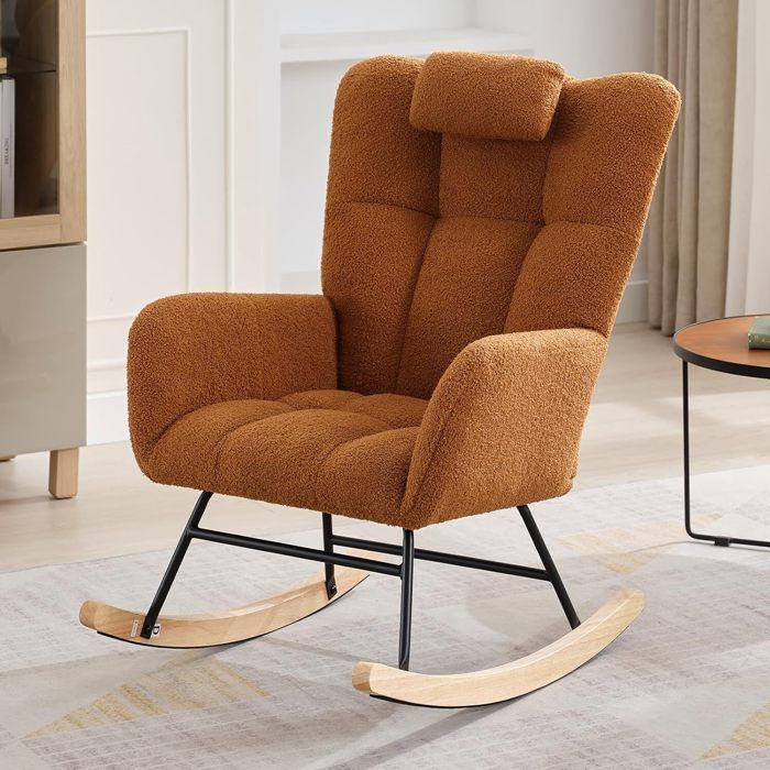 Fauteuil à bascule - PROMIRACAL - Rembourré - Pieds en bois massif - Marron - 1 place
