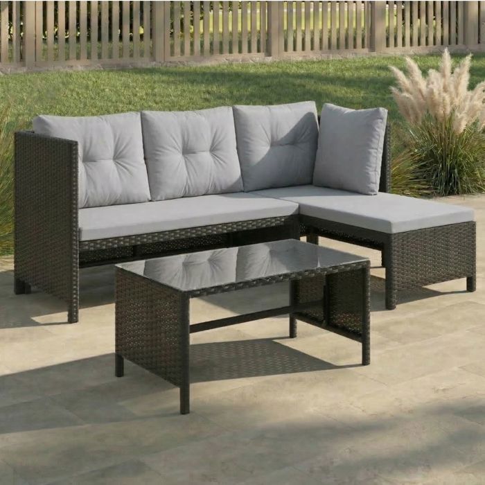 Salon de jardin - Ensemble canapé dangle et table basse extérieur - Avec coussins - Meubles lounge de jardin en résine rotin - Gris