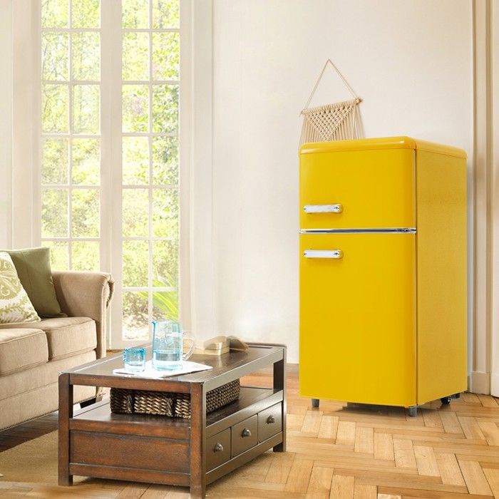 Réfrigérateur Classique Rétro Frigo 72L Double Porte - Congélateur 21L - LED - 120kWh/an - Jaune - Classe E