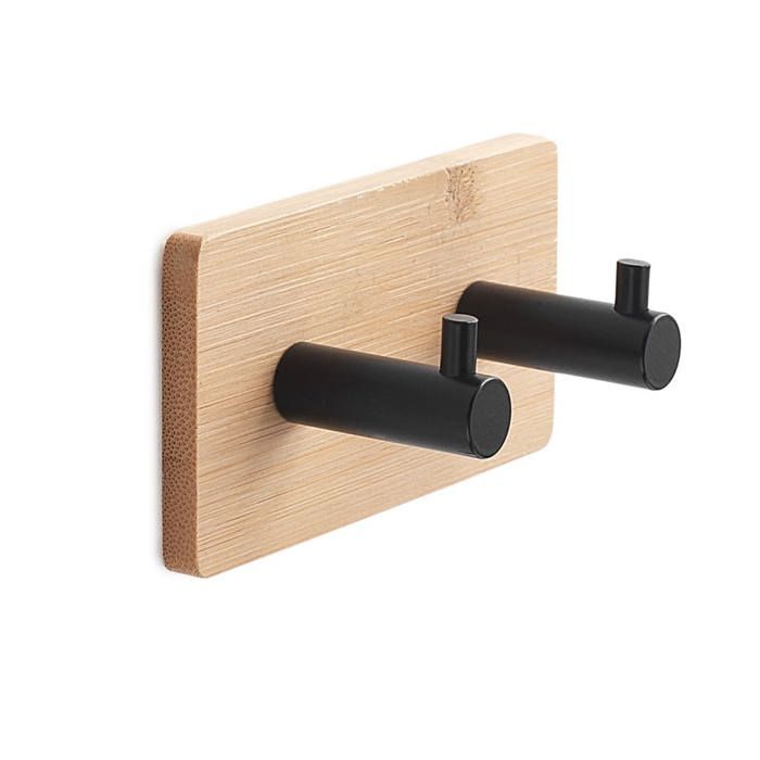 PORTE-MANTEAU ADHÉSIF EN BOIS DE BAMBOU NATUREL ET MÉTAL NOIR