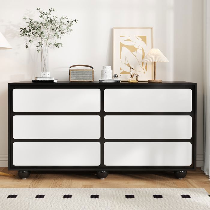 Buffet 140 cm Design Moderne Commode à 6 Tiroirs Arrondis Style Minimaliste Noir et Blanc Buffet 140 cm Design Moderne Commode à 6 Tiroirs Arrondis Style Minimaliste Noir et Blanc