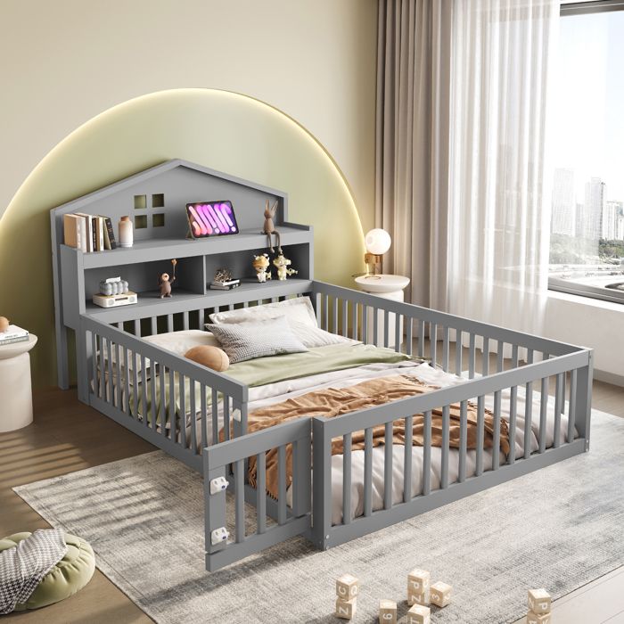 Lit Enfant 140x200 Bois Massif avec Barreaux de Sécurité Porte Intégrée Tableau Dessin Tiroir de Rangement et Sommier Gris