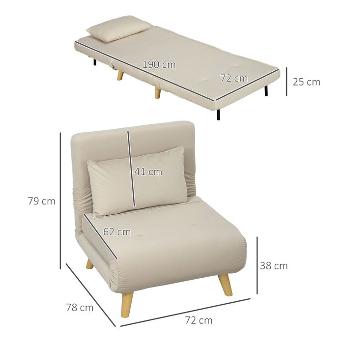 Fauteuil-lit fauteuil pliant avec fonction lit coussins décoratifs fauteuil de relaxation pliable avec dossier réglable en velour